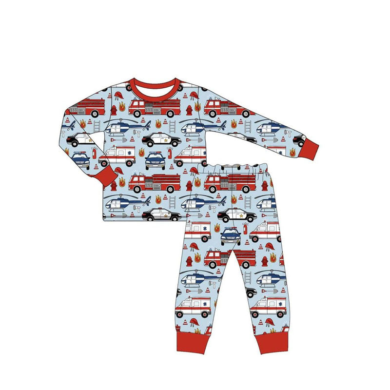 Preorder moq 5 Baby Boys Blue Recovery Vehicle Top Pant Pajamas Set