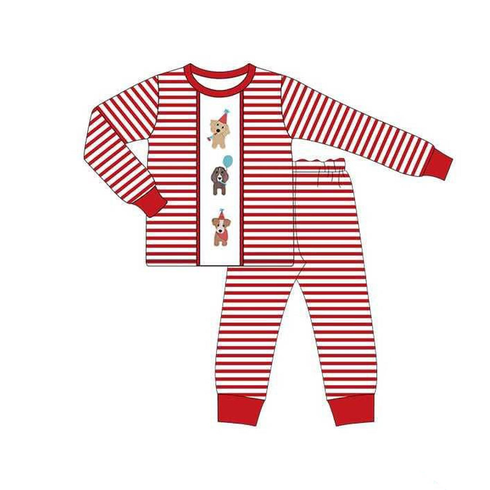 Baby Boys Long Sleeves Red Stripe Dogs Top Pant Pajamas Set Preorder