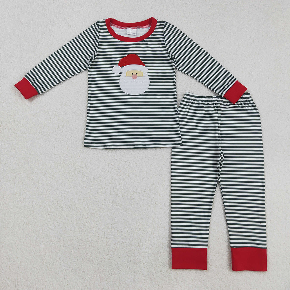 Embroidery Baby Boys Christmas Green Stripe Santa Top Pant Pajamas Sets