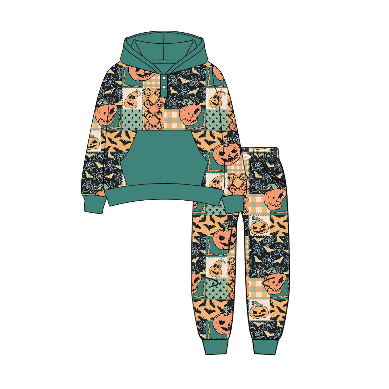 Baby Boys Ghost Pumpkins Plaid Pocket Hoodies Top Legging Pant Set Preorder