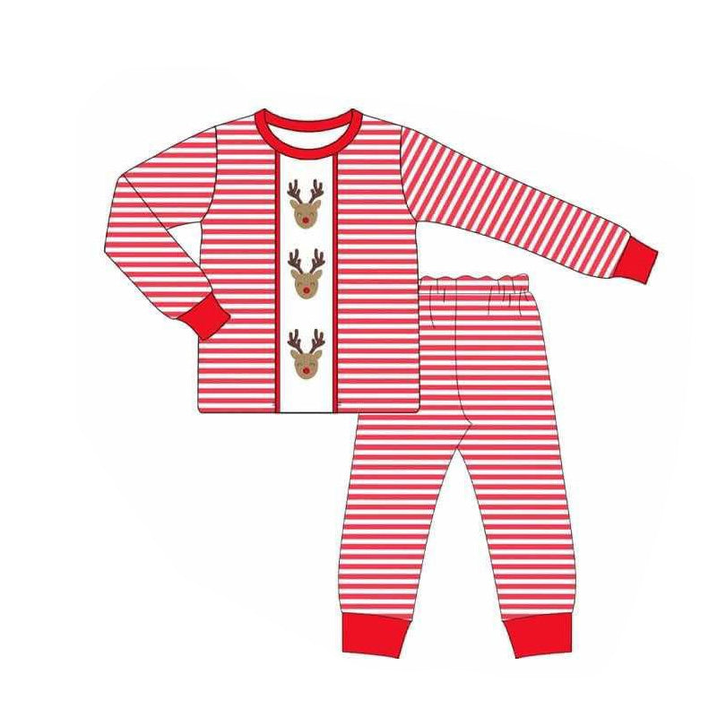 Preorder moq 5 Baby Boys Red Stripe Deer Top Pant Christmas Pajamas Set