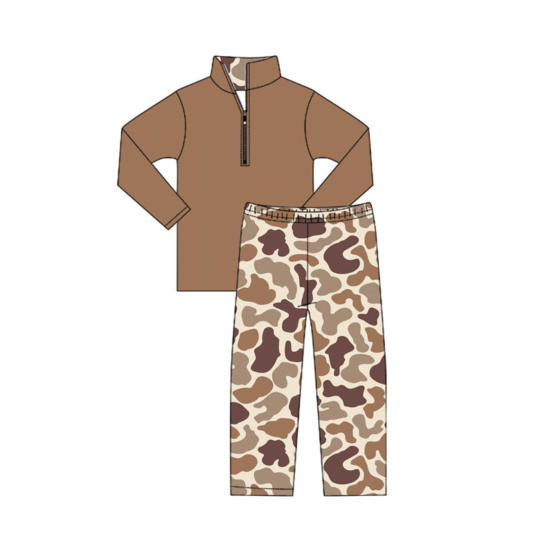 Preorder moq 5 Baby Boys Brown Zipper Pullover Camo Pant Western Clothes Set