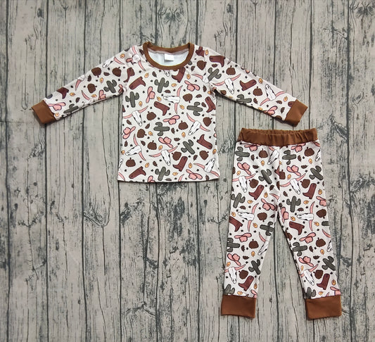 Baby Boys Brown Western Bull Skull Cactus Top Pant Pajamas Sets