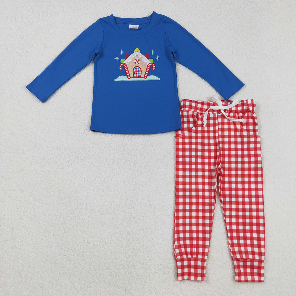 Embroidery Baby Boys Christmas Candy Cane Top Red Plaid Pockets Pants Sets