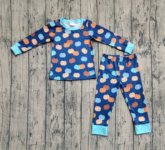 Baby Boys Long Sleeves Fall Blue Pumpkins Top Pant Pajamas Sets