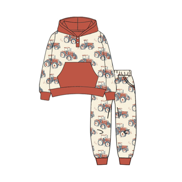 Preorder moq 5 Baby Boys Trucks Plaid Pocket Hoodie Top Pant Farm Set
