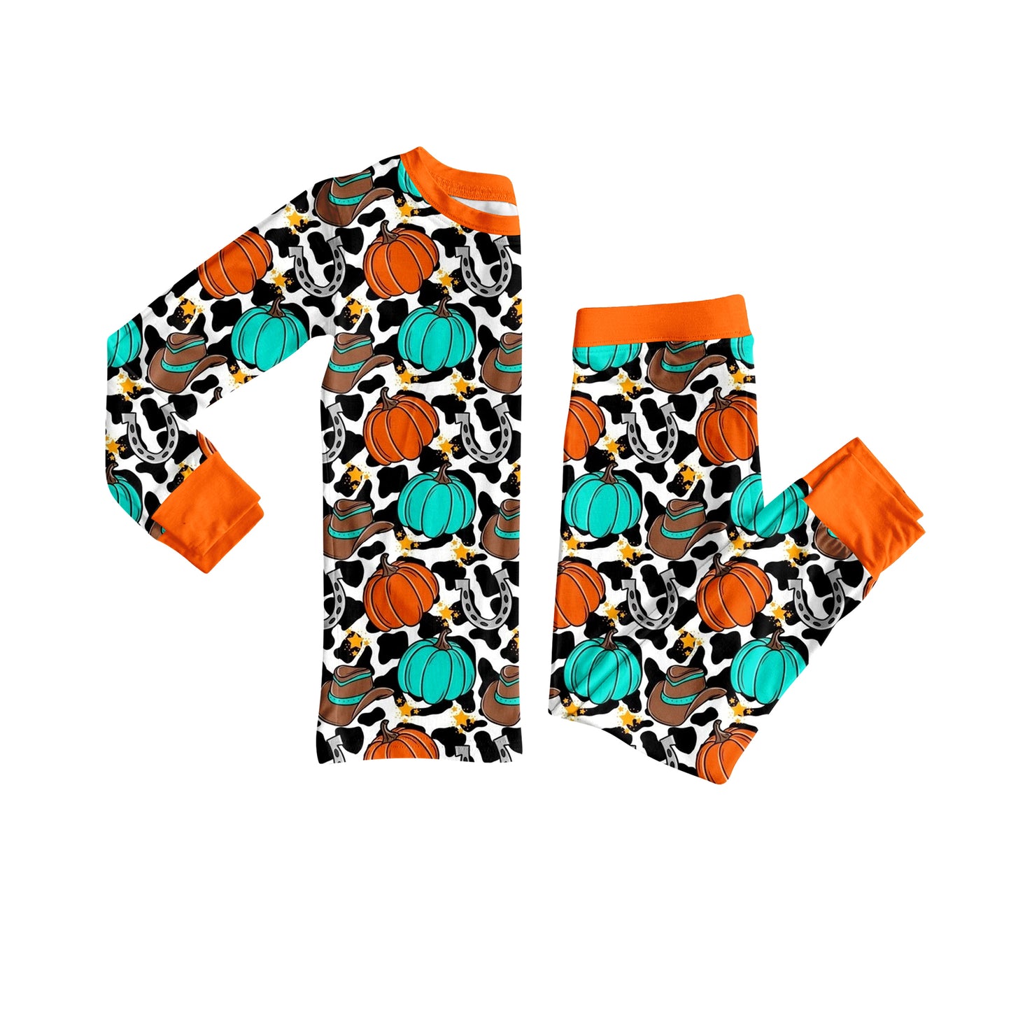 Baby Girls Long Sleeves Cow Print Pumpkins Hats Top Pant Pajamas Set Preorder