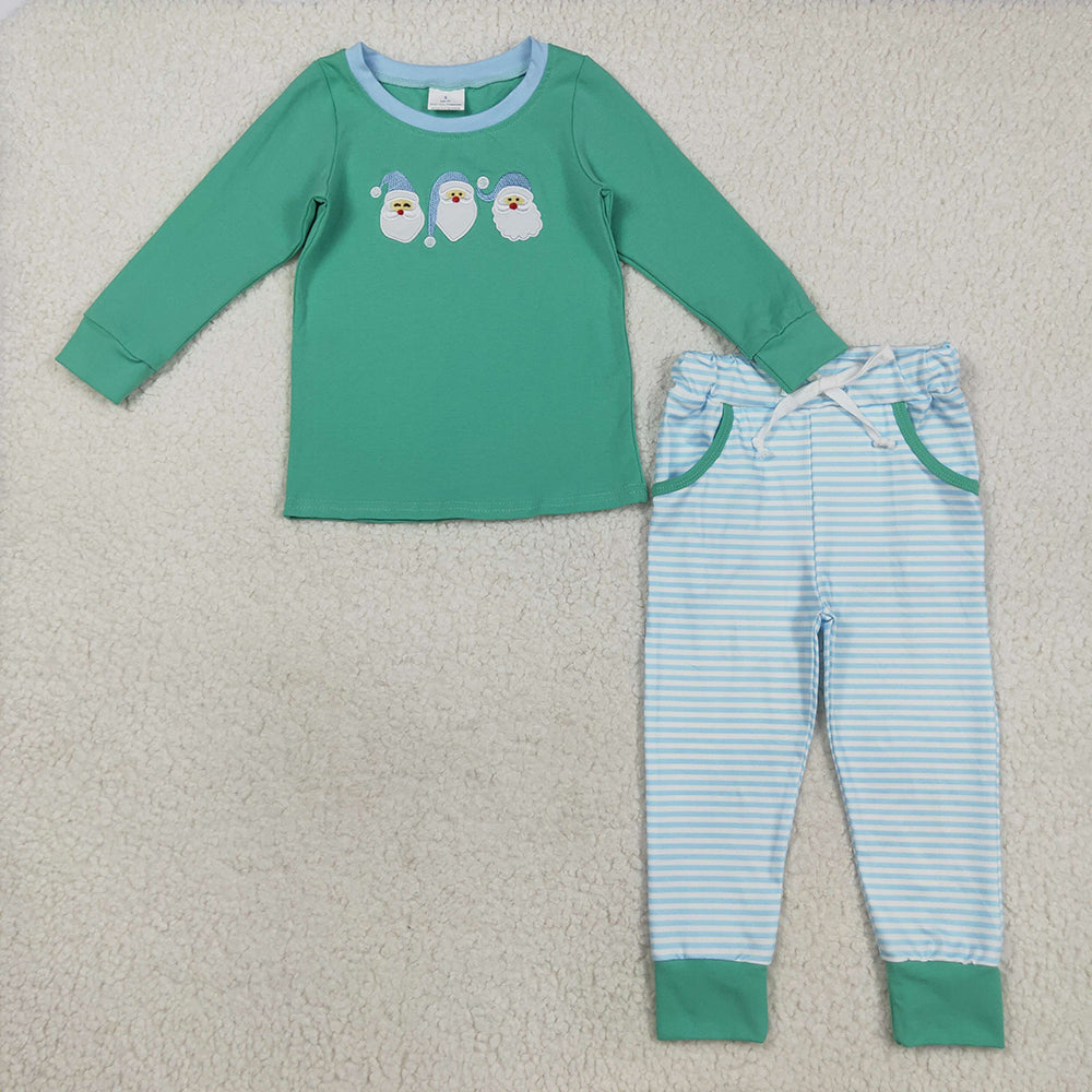 Embroidery Santa Baby Boys Green Top Stripe Pockets Legging Christmas Set