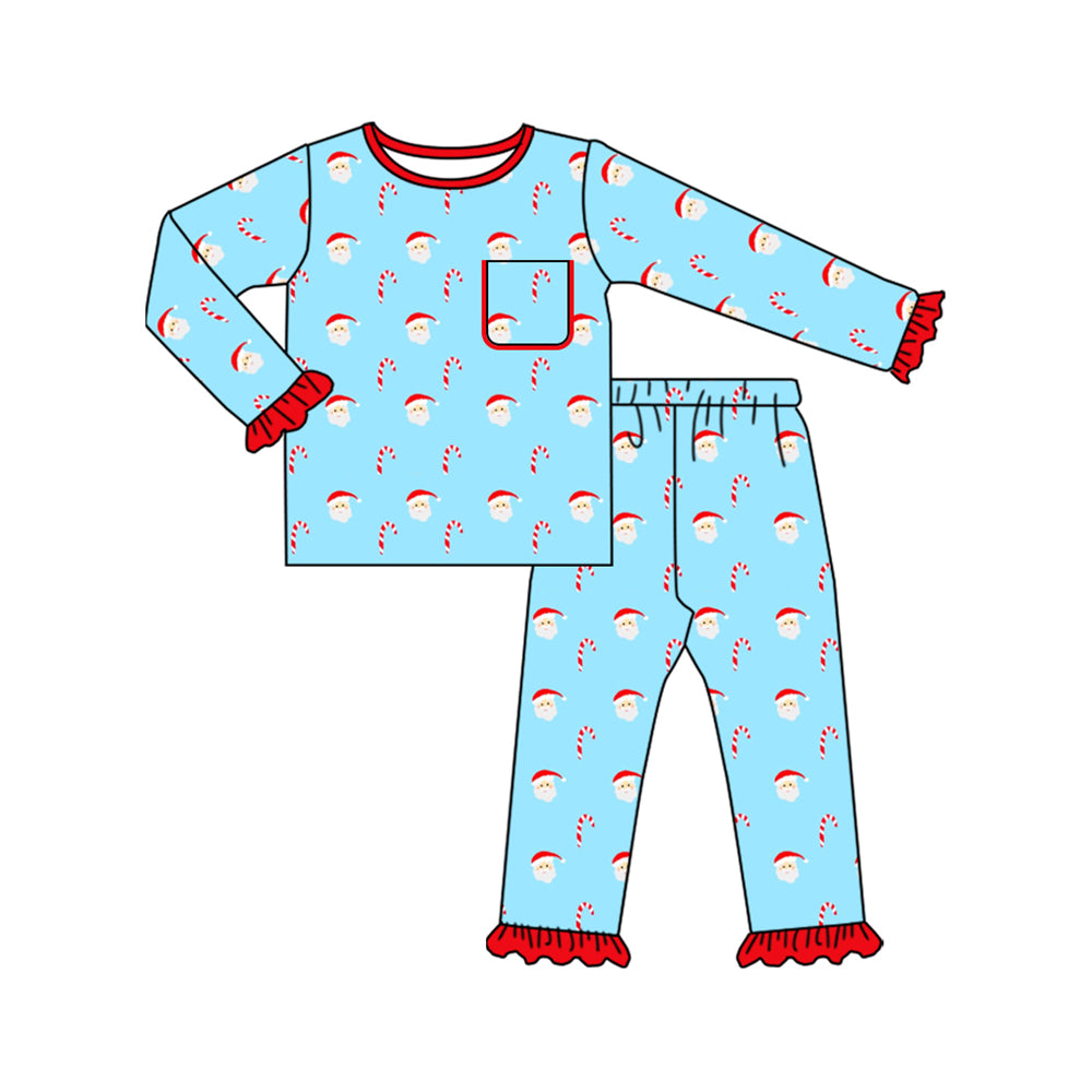 Baby Girls Long Ruffle Sleeves Santa Candy Cane Pocket Top Pant Pajamas Set Preorder