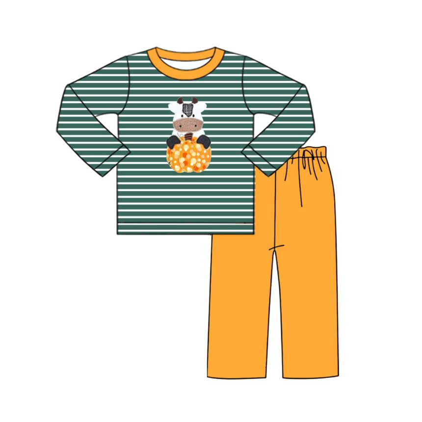 Baby Boys Green Stripe Long Sleeves Cows Pumpkins Top Pant Set Preorder