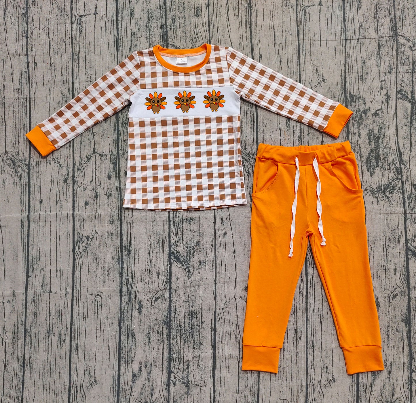 Embroidery Turkey Baby Boys Checked Top Pockets Pant Thanksgiving Clothes Set