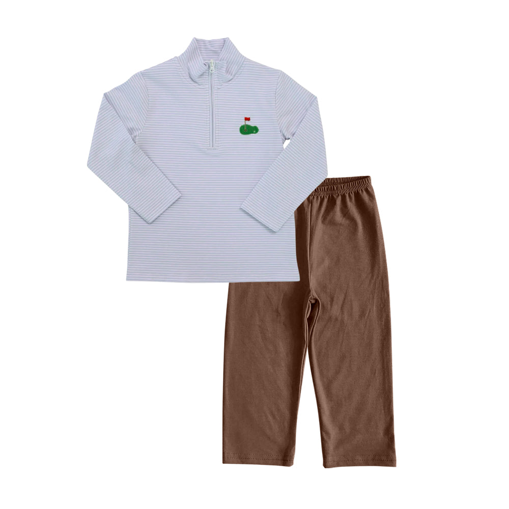 Preorder moq 5 Baby Boys Stripe Golf Zipper Pullovers Top Pant Clothes Set