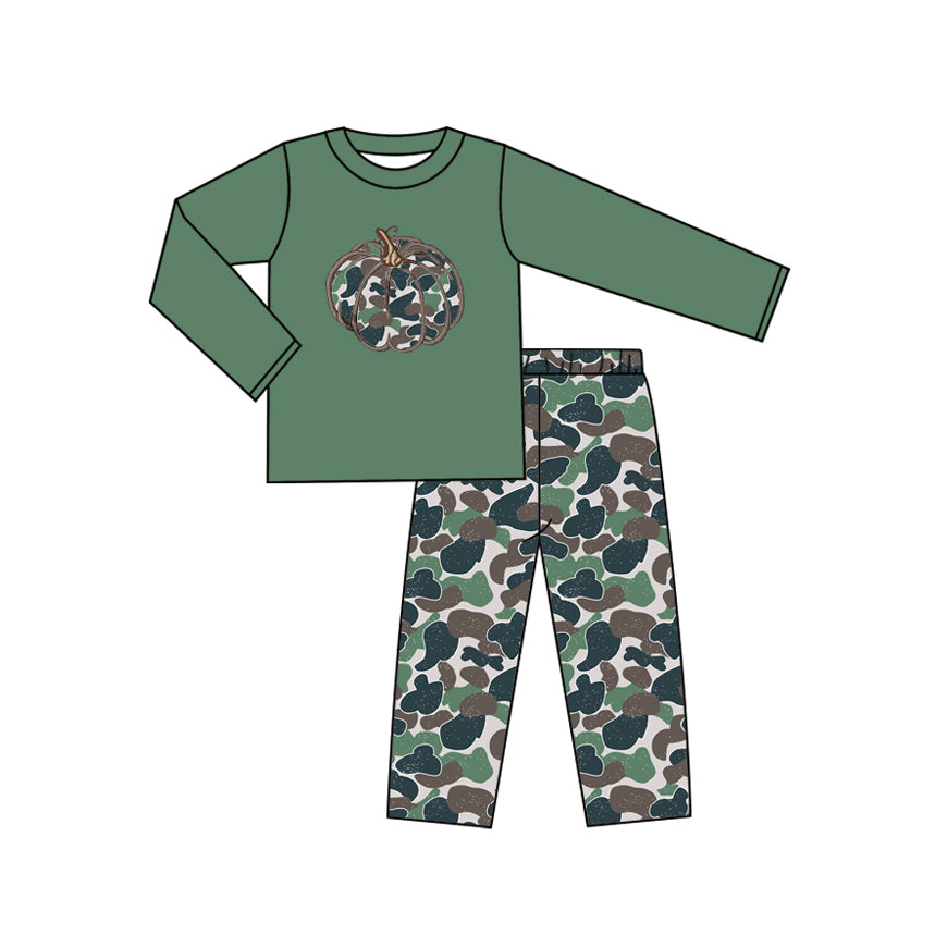 Baby Boys Long Sleeves Green Camo Pumpkin Top Pant Western Clothes Set Preorder