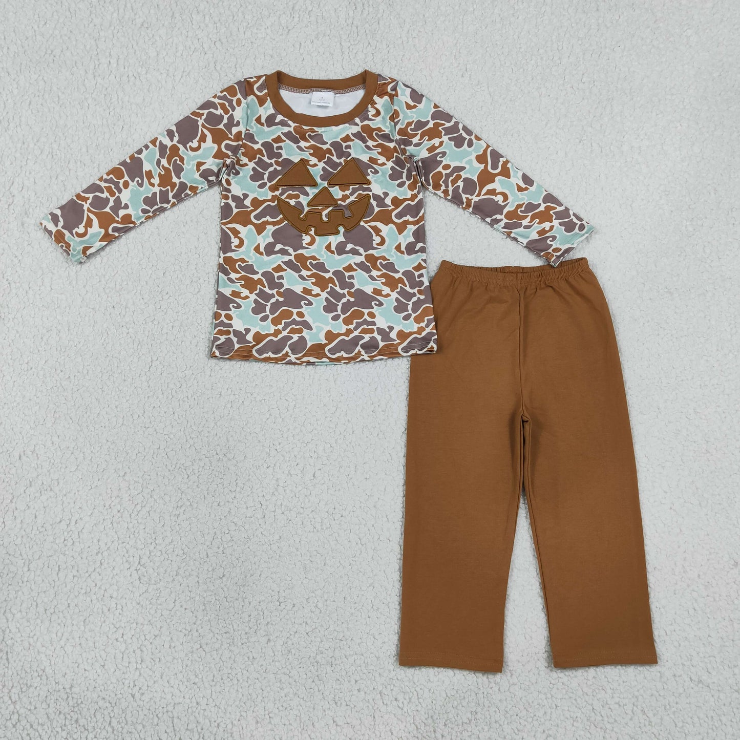 Embroidery Ghost Pumpkins Baby Boys Camo Top Pant Halloween Clothes Set