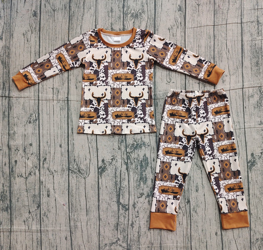 Baby Boys Bull Skull Aztec Checked Top Pants Western Pajamas Set