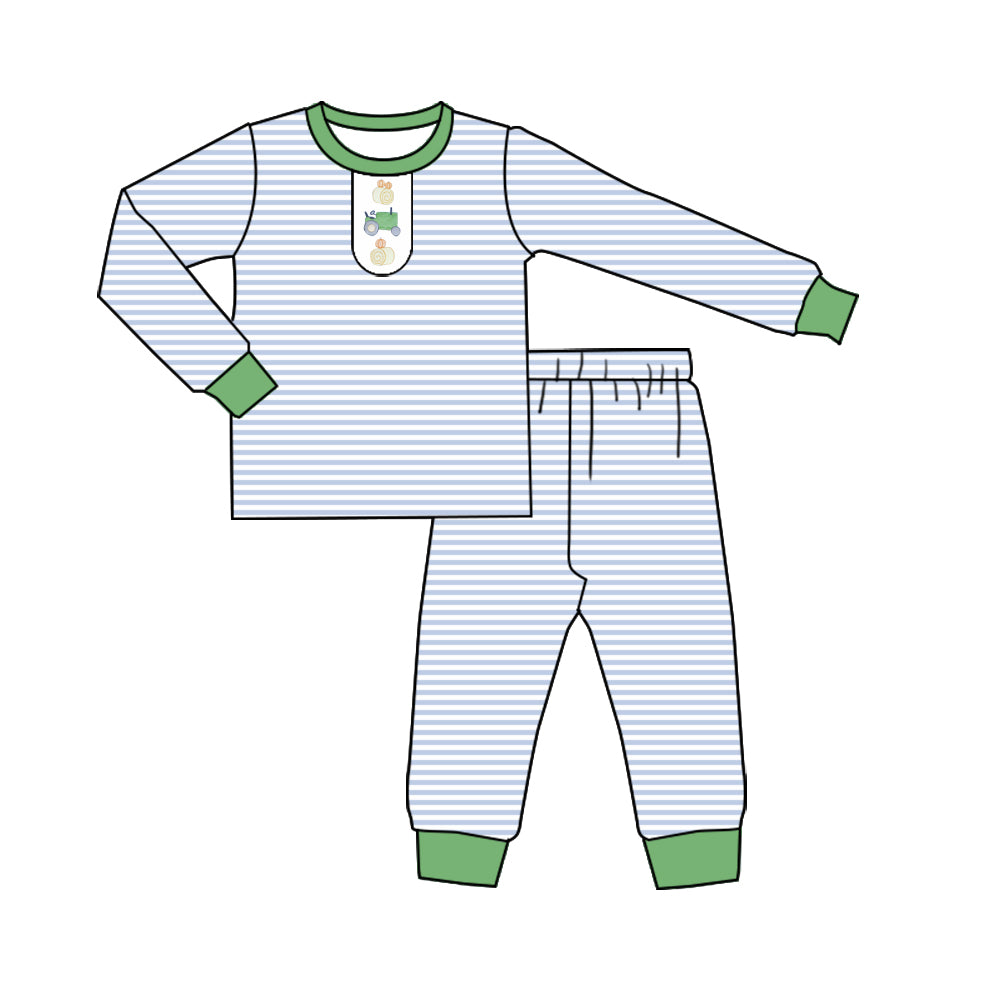 Baby Boys Blue Stripe Pumpkins Top Pants Fall Pajamas Set Preorder
