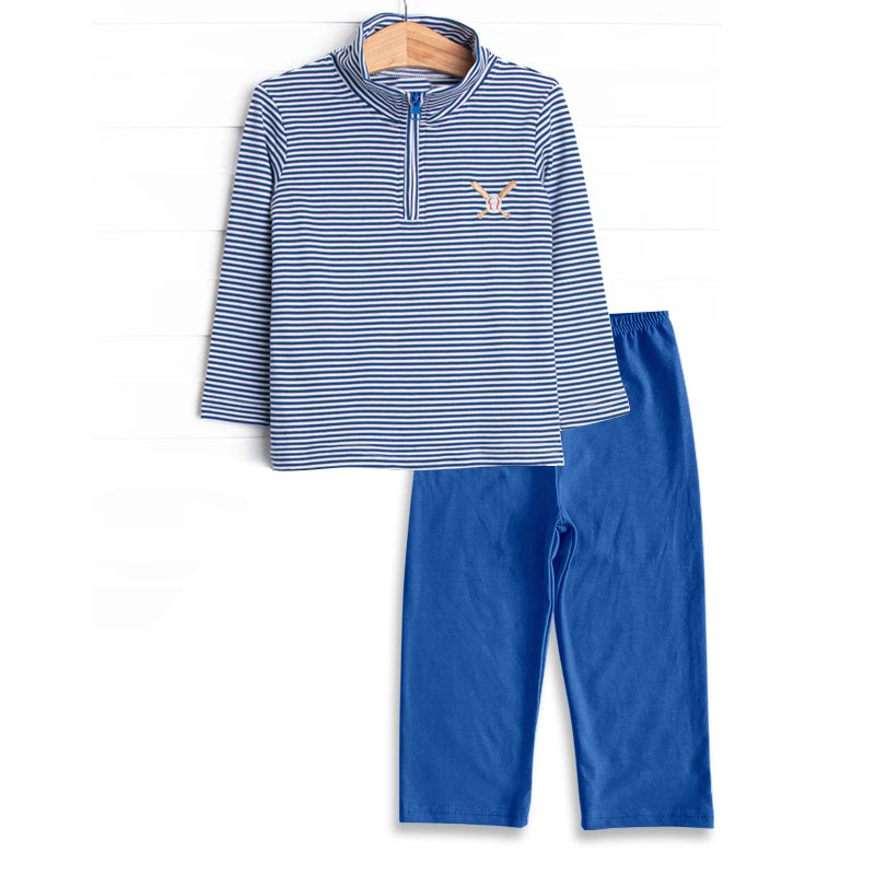 Baby Boys Blue Stripe Baseball Half Zipper Pullover Legging Pant Team Set Preorder