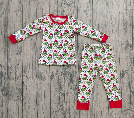 Baby Boys Christmas Lights Green Faces Top Pant Pajamas Sets