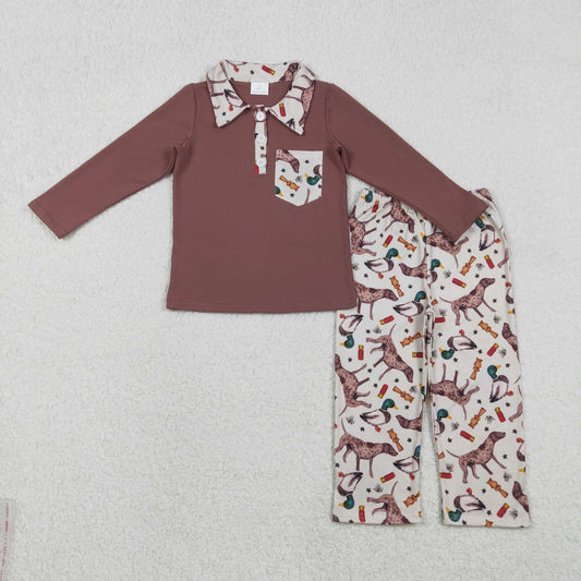Sibling Baby Boys Dogs Ducks Calls Button Pockets Polo Pant Hunting Clothes Set Rompers