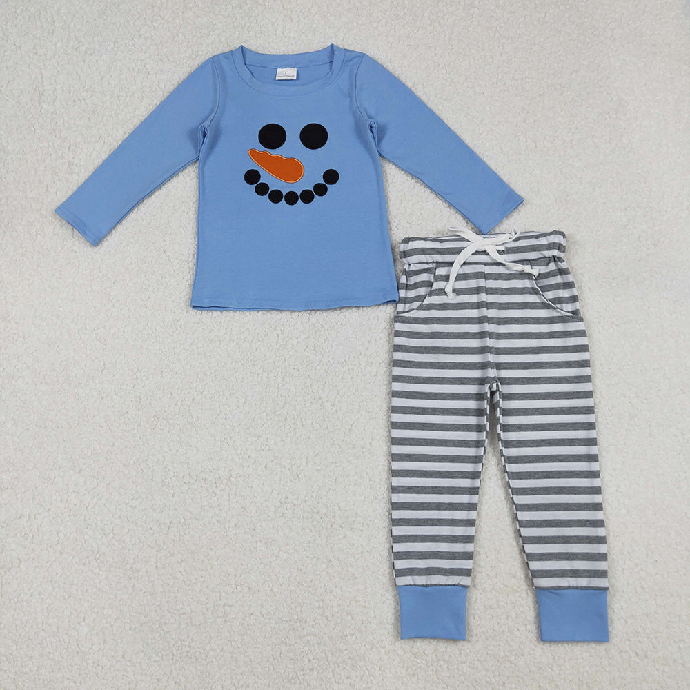 Embroidery Baby Boys Christmas Blue Snowmen Top Stripe Pockets Pants Sets