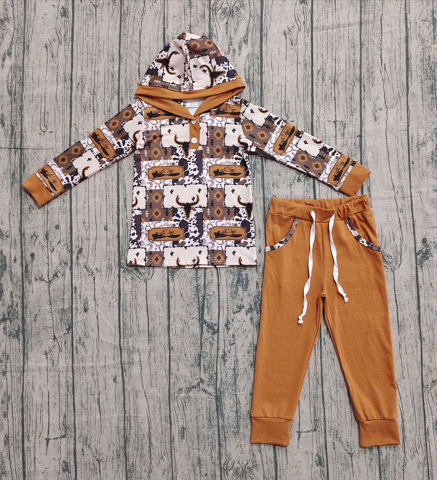 Baby Boys Aztec Bull Skull Button Hoodies Pockets Pant Western Clothes Sets