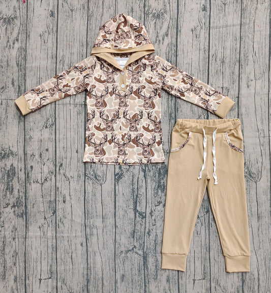 Baby Boys Khaki Camo Deer Button Hoodies Pockets Leggings Hunting Clothes Set