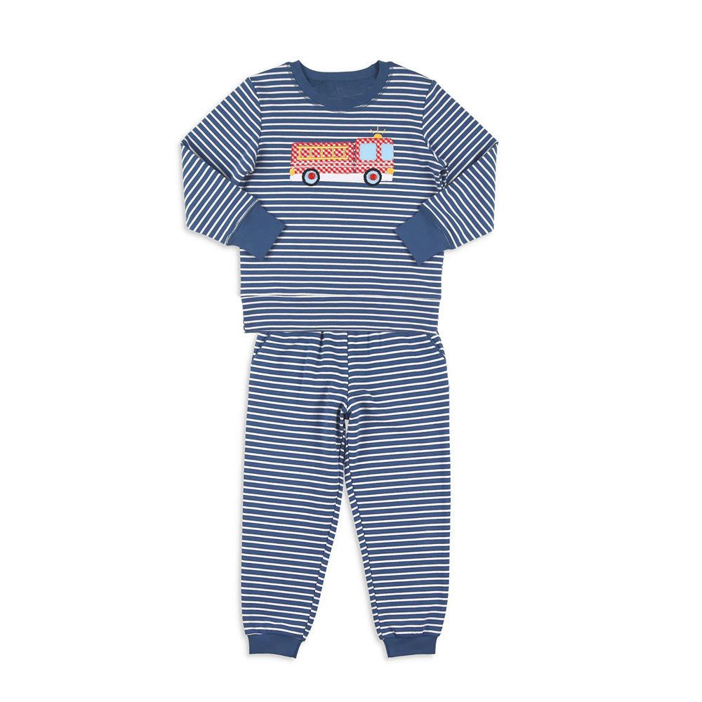 Baby Boys Blue Stripe Fire Truck Top Pants Pajamas Sets Preorder