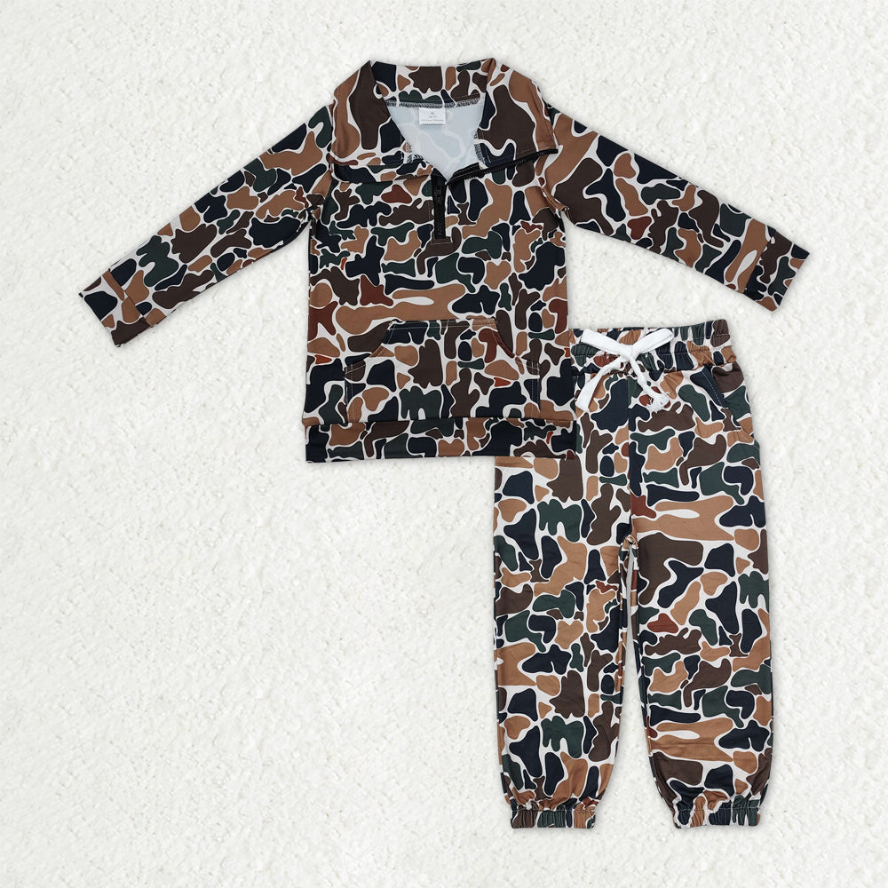 Baby Boys Dark Brown Camo Long Sleeves Pocket Zipper Pullover Top Jogger Pants Clothes Set