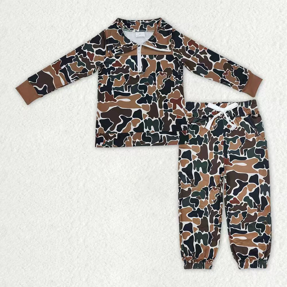 Baby Boys Dark Brown Camo Long Sleeves Pocket White Zip Pullover Top Joggers Clothes Set