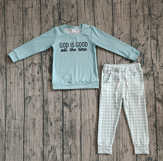 Baby Boys God Is Good Top Checked Pockets Jogger Pants Clothes Sets