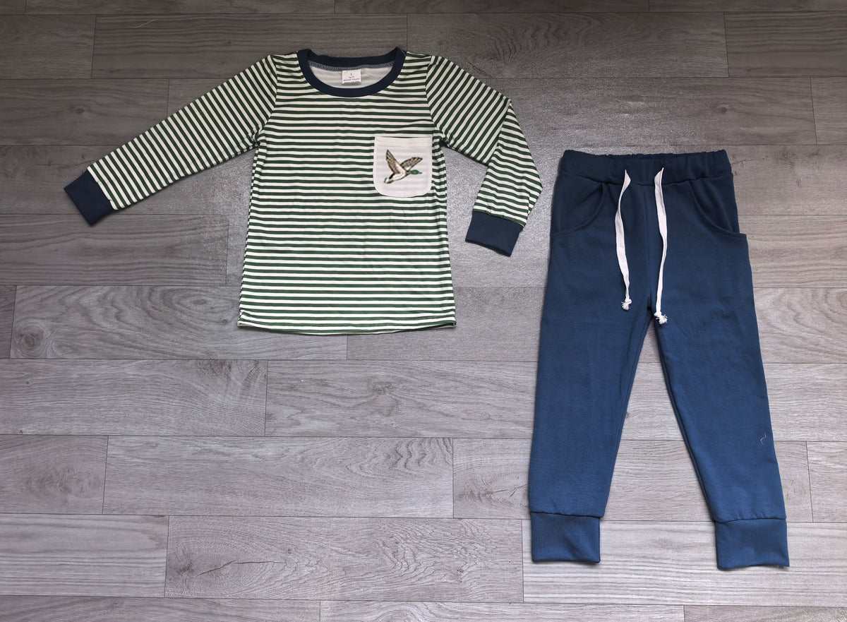 Embroidery Ducks Baby Boys Stripe Pockets Jogger Hunting Clothes Sets
