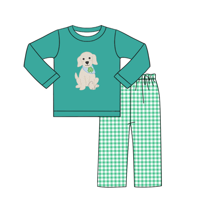 Baby Boys Clovers Dogs Green Top Checked Pants St Patrick Clothes Sets Preorder