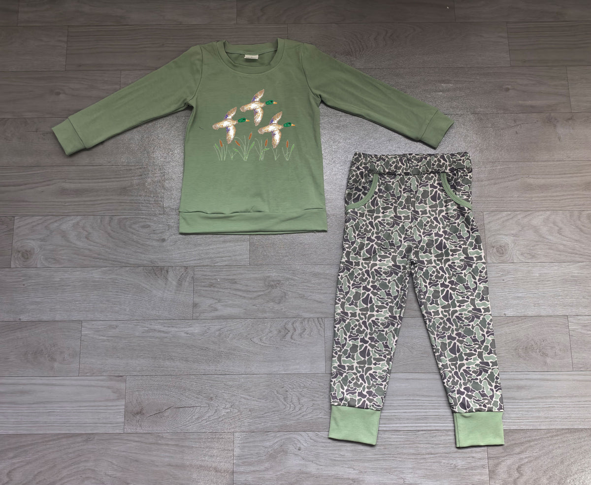 Embroidery Ducks Baby Boys Green Camo Pockets Joggers Hunting Clothes Sets Preorder