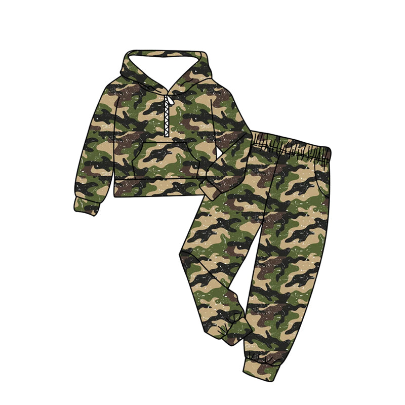 Baby Boys Dark Green Camo Zip Pockets Hoodies Pants Hunting Clothes Sets Preorder