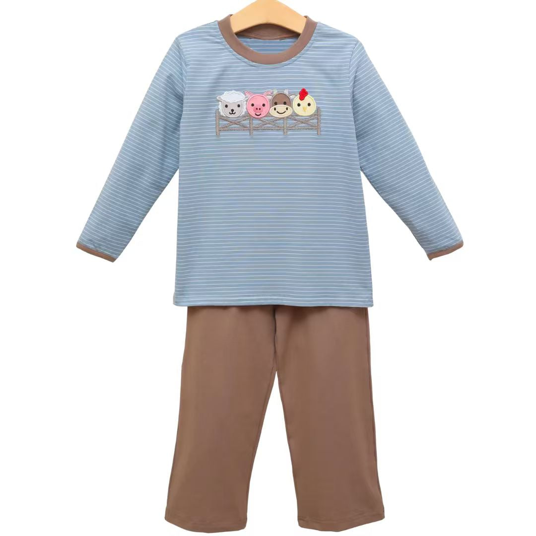 Baby Boys Blue Stripe Pigs Cows Top Brown Pants Farm Clothes Sets Preorder