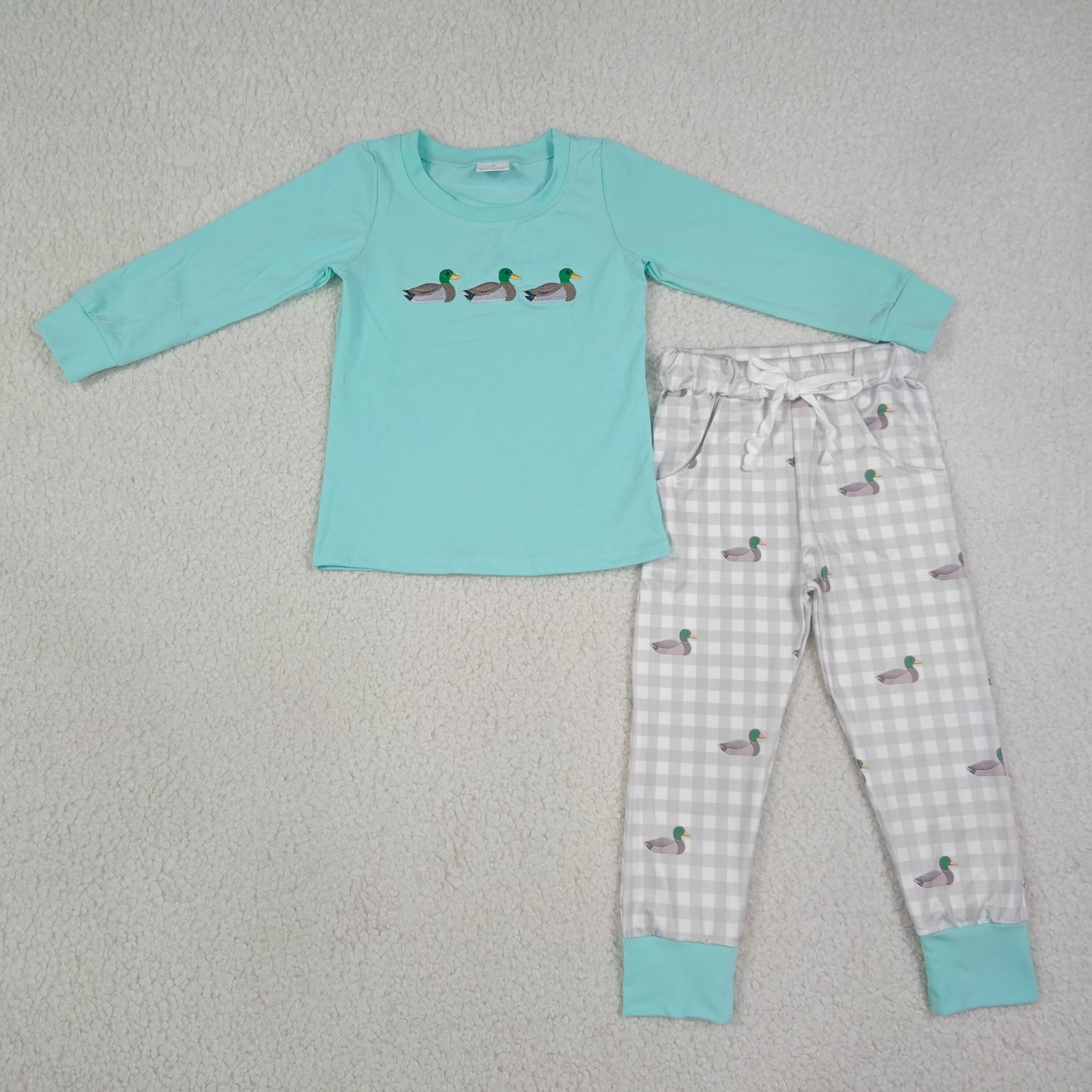 Embroidery Ducks Baby Boys Top Pockets Checked Jogger Hunting Sets