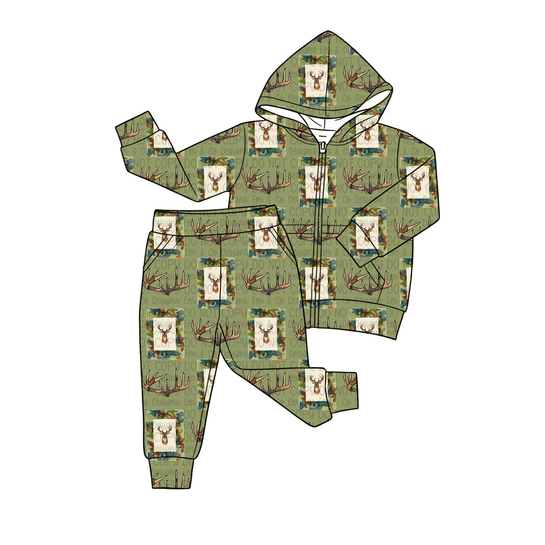 Baby Boys Deer Checked Pocket Zip Hoodies Jogger Pant Hunting Clothes Sets Preorder