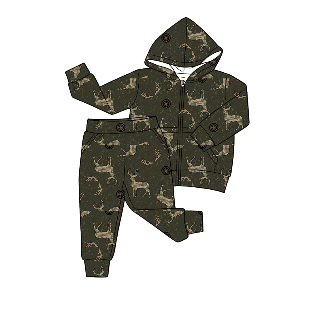 Baby Boys Camo Deer Pocket Zip Hoodies Jogger Pant Hunting Clothes Sets Preorder
