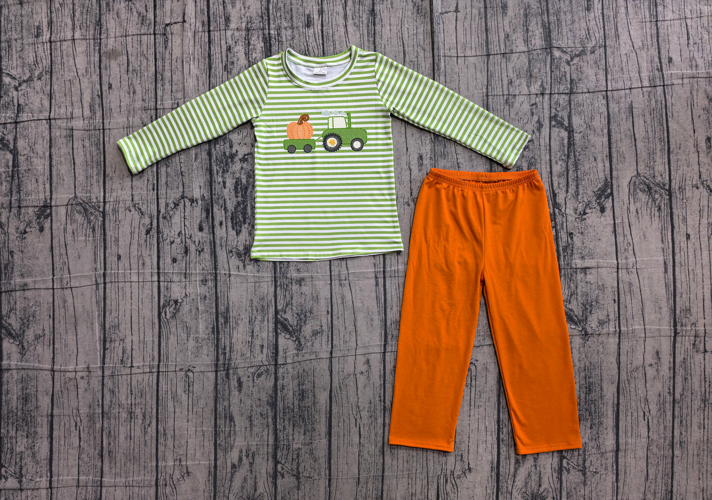 Embroidery Pumpkin Truck Baby Boys Green Stripe Top Pant Fall Clothes Sets Preorder