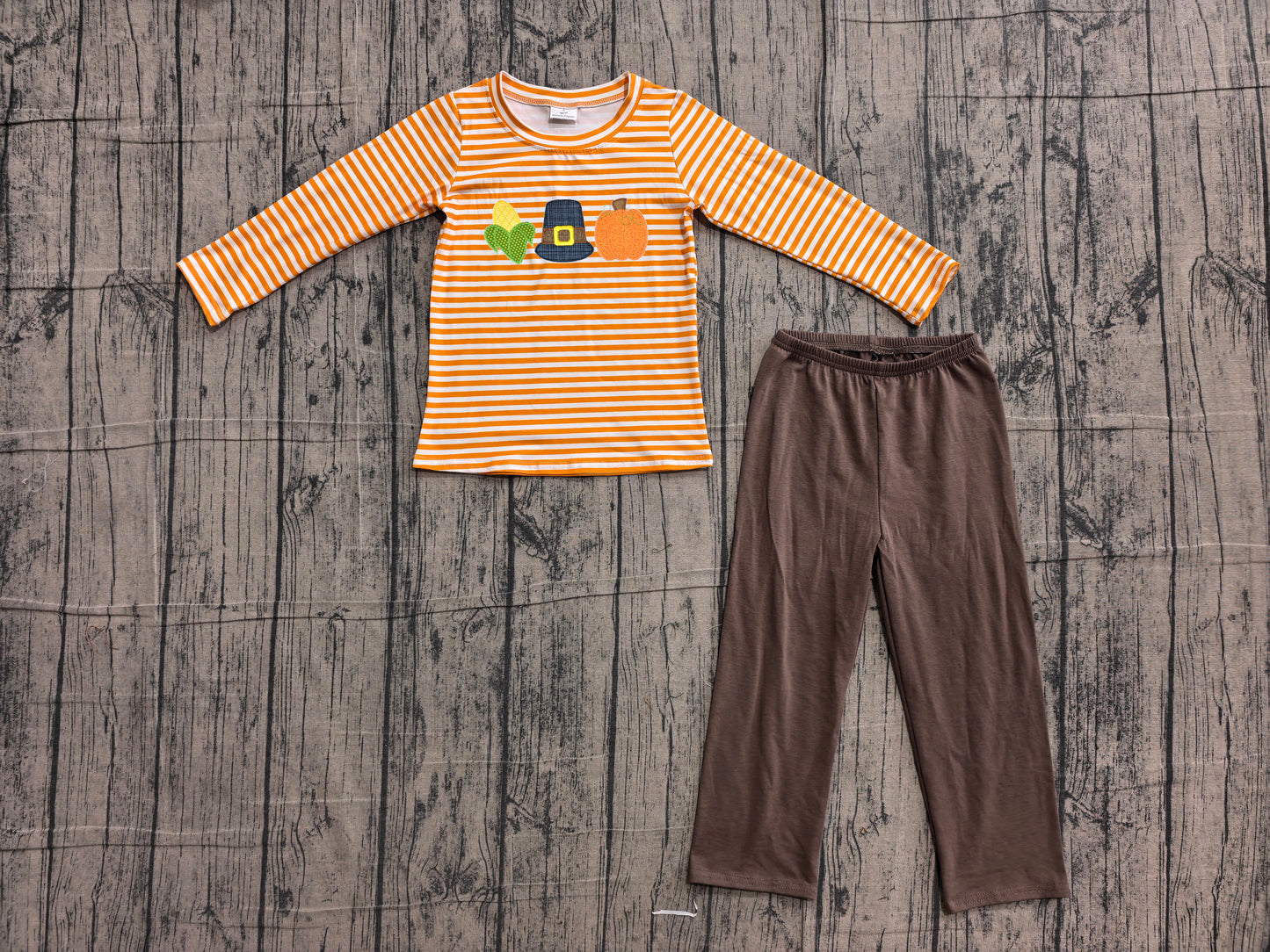 Embroidery Pumpkin Corns Baby Boys Orange Stripe Top Pant Fall Clothes Sets Preorder