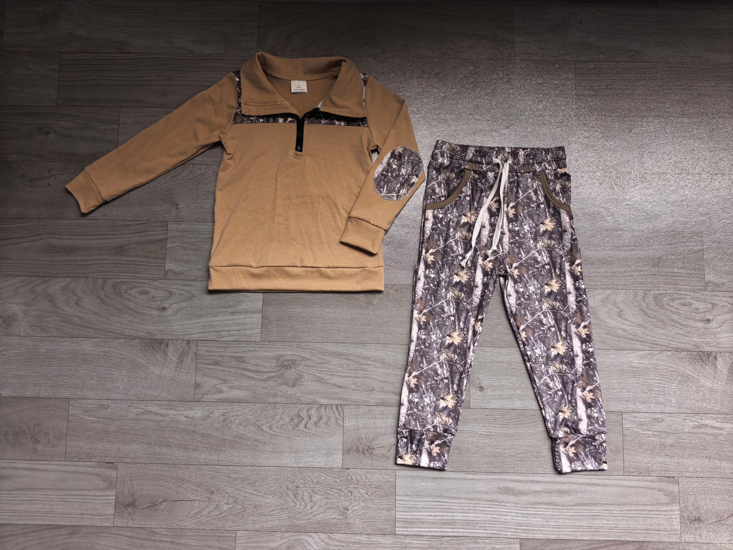 Baby Boys Khaki Zip Pullover Leaves Camo Pockets Jogger Clothes Sets