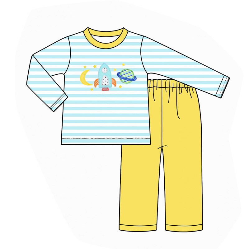 Baby Boys Long Sleeve Blue Stripe Rocket Moon Top Pant Clothes Sets Preorder