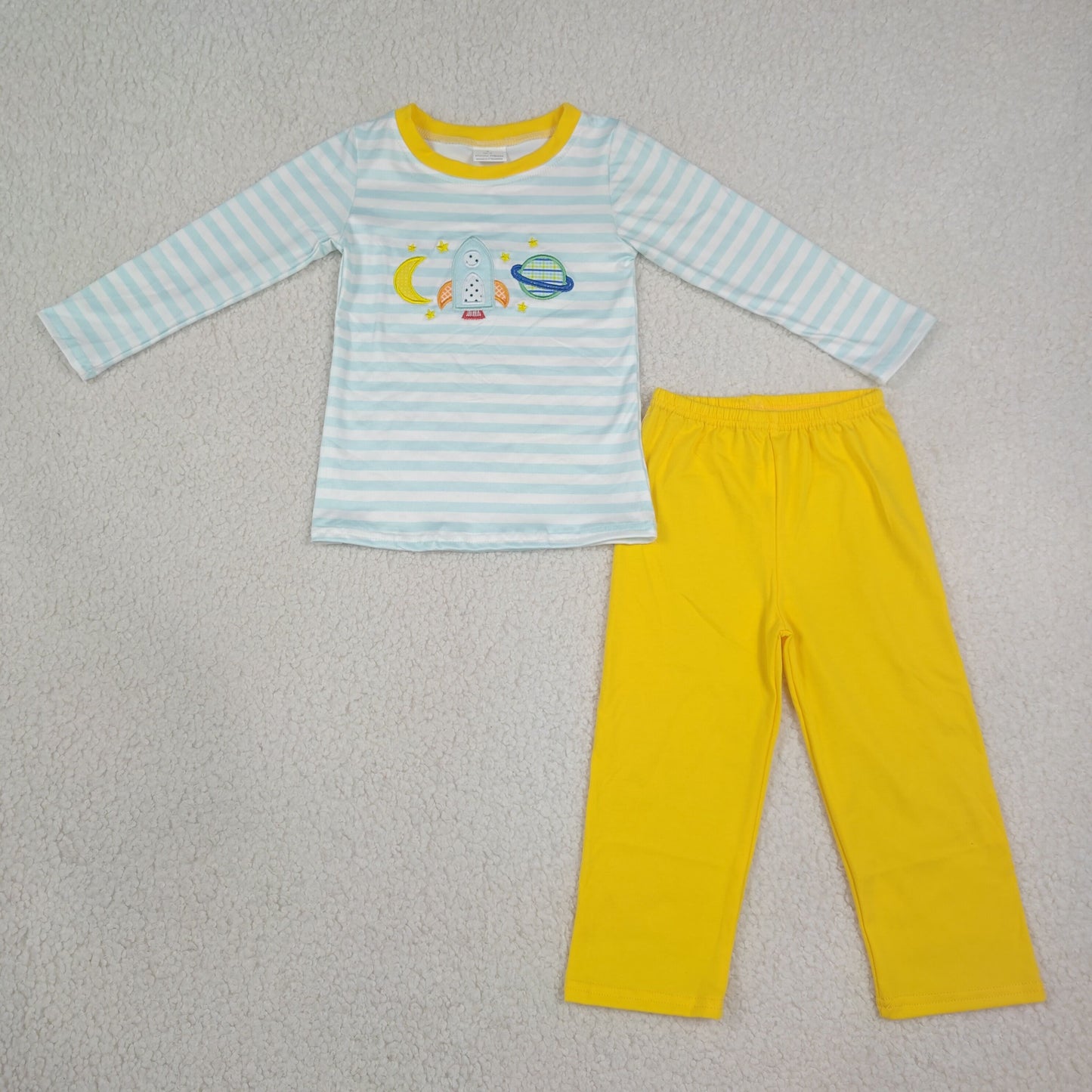 Embroidery Moon Baby Boys Long Sleeve Blue Stripe Top Pant Clothes Sets