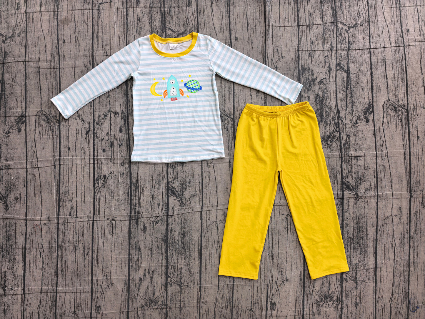 Embroidery Rocket Moon Baby Boys Long Sleeve Blue Stripe Top Pant Clothes Sets Preorder