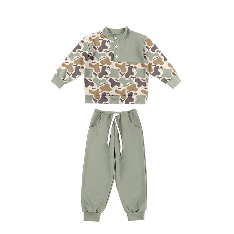 Preorder moq 5 Baby Boys Dogs Camo Button Top Pockets Jogger Hunting Clothes Sets