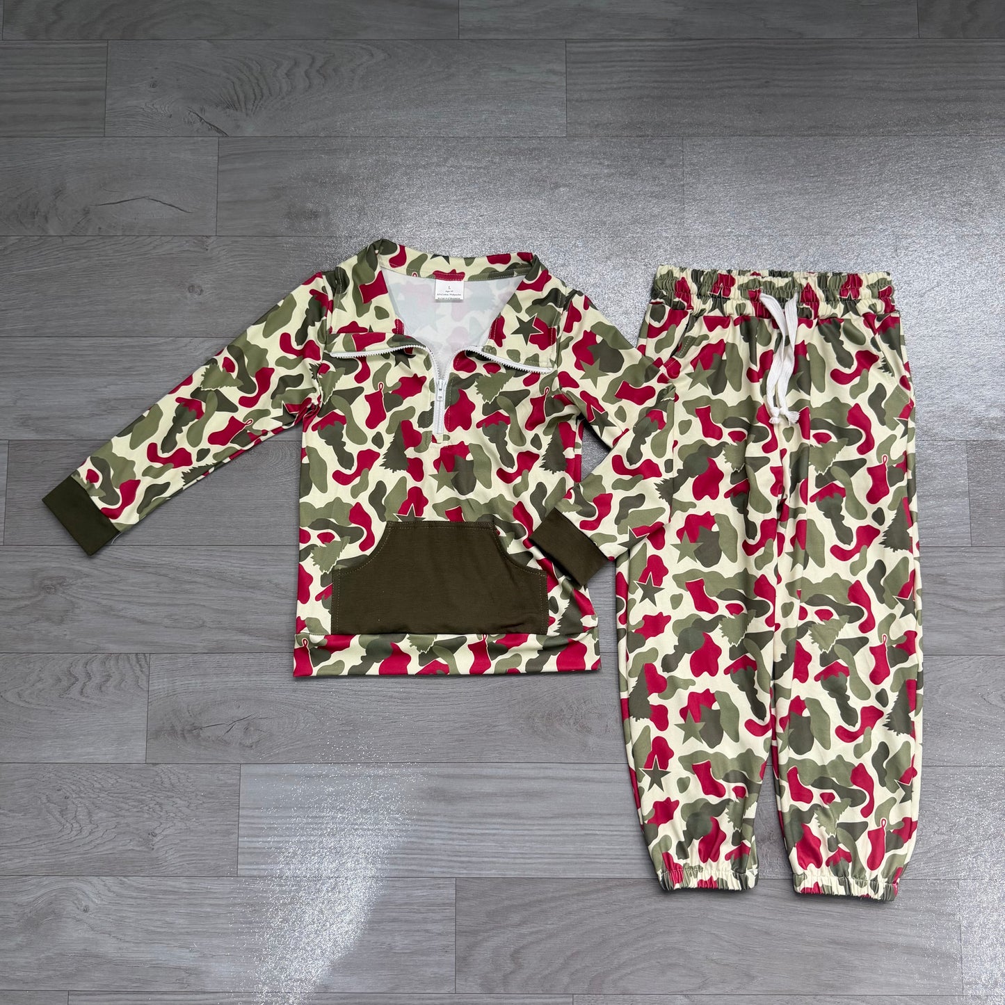 Baby Boys Red Green Camo Deer Trees Zip Pocket Pullovers Jogger Christmas Clothes Sets