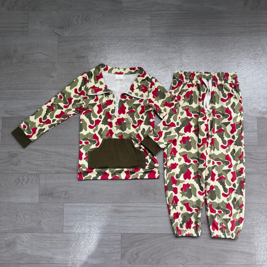 Baby Boys Red Green Camo Deer Trees Zip Pocket Pullovers Jogger Christmas Clothes Sets