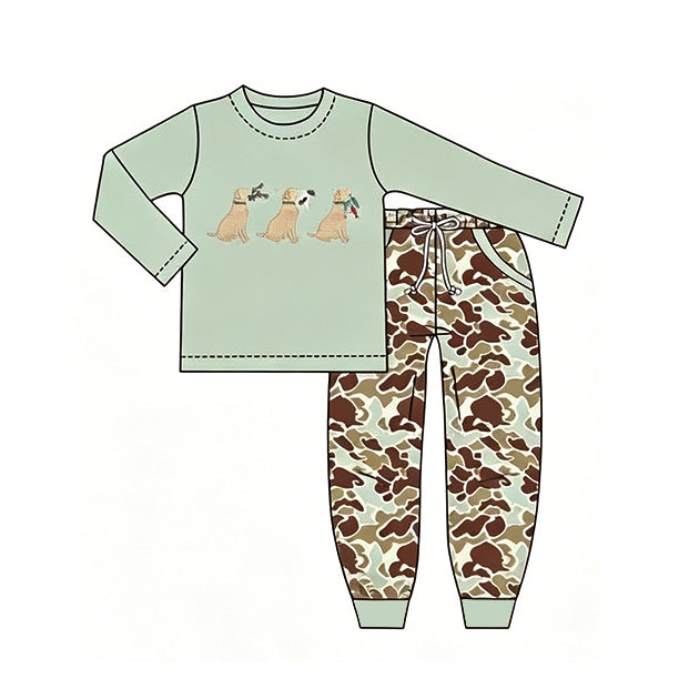 Preorder moq 5 Baby Boys Dogs Ducks Top Camo Pockets Jogger Hunting Clothes Sets