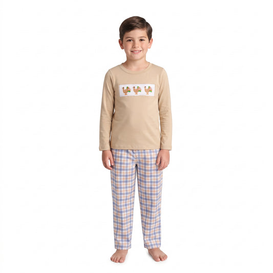 Embroidery Turkey Baby Boys Checked Pant Thanksgiving Clothes Sets