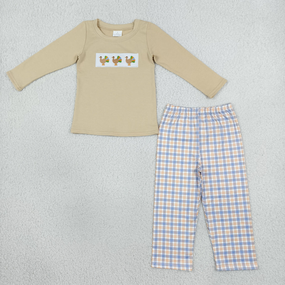 Embroidery Turkey Baby Boys Checked Pant Thanksgiving Clothes Sets